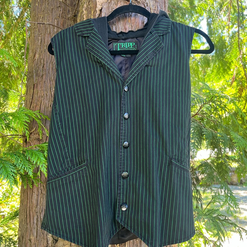 Tripp NYC Hooded Black & Green Pinstripe Vest Rare Vintage Deadstock Royal Bones